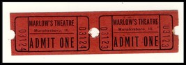 2 Admit One Marlow&#39;s Theatre Tickets, Murphysboro, Illinois/IL, 1950&#39;s? - $3.50