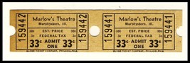 2-.33 Cent Marlow&#39;s Theatre Tickets, Murphysboro, Illinois/IL, 1950&#39;s? - $2.95