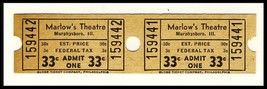 2-.33 Cent Marlow&#39;s Theatre Tickets, Murphysboro, Illinois/IL, 1950&#39;s? - £2.27 GBP