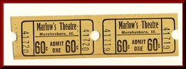 2-.60 Cent Marlow&#39;s Theatre Tickets, Murphysboro, Illinois/IL, 1950&#39;s? - $2.95