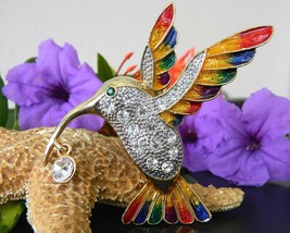 Hummingbird Bird Brooch Pin Rhinestones Enamel Large Colorful Goldtone - £17.39 GBP