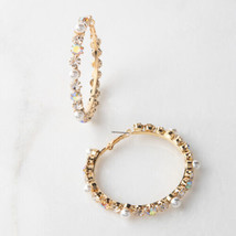 Plunder Earrings (New) Kirby - Gold Hoops W/ Pearls &amp; Crystals 2.25&quot; (PE715) - £15.65 GBP