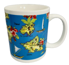 Hilo Hattie Hawaii Map Coffee Mug Island Names Wa&#39;a kaukahi Canoe Hibiscus Vtg - £22.29 GBP