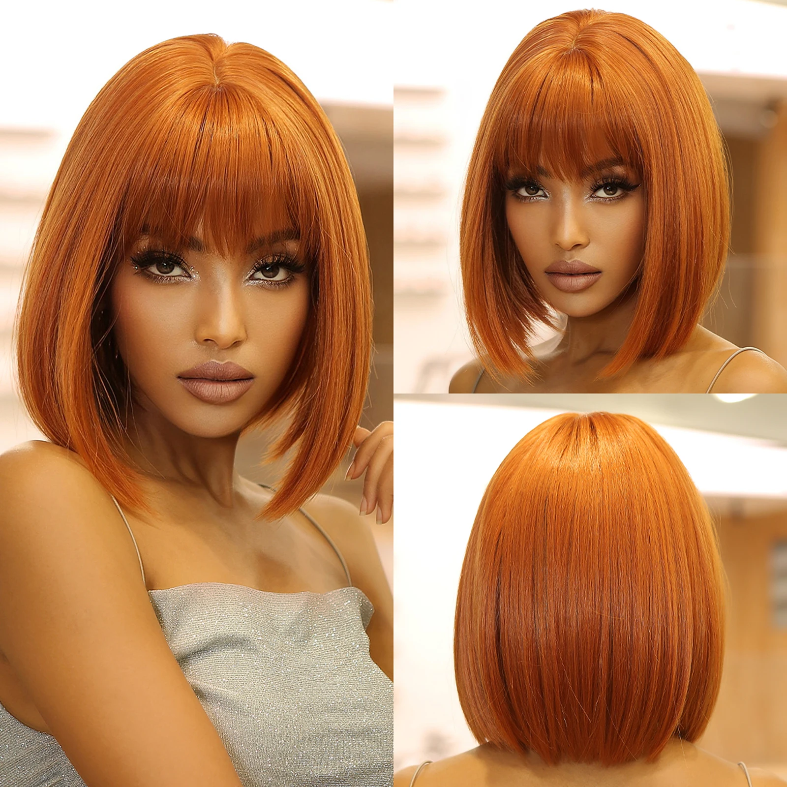 Short Straight Synthetic Wigs Ginger Brown Bob Wigs with Bangs for Women Cospl - £10.37 GBP+