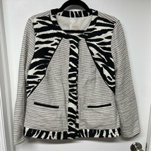 CHICOS Size 1 Black White Zebra Snap Button Cotton Linen Jacket Mixed Media - £21.34 GBP