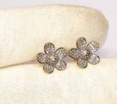 Pave Diamond Flower Stud Earrings For Women 925 Silver Uncut Diamond Floral Stud - £67.31 GBP