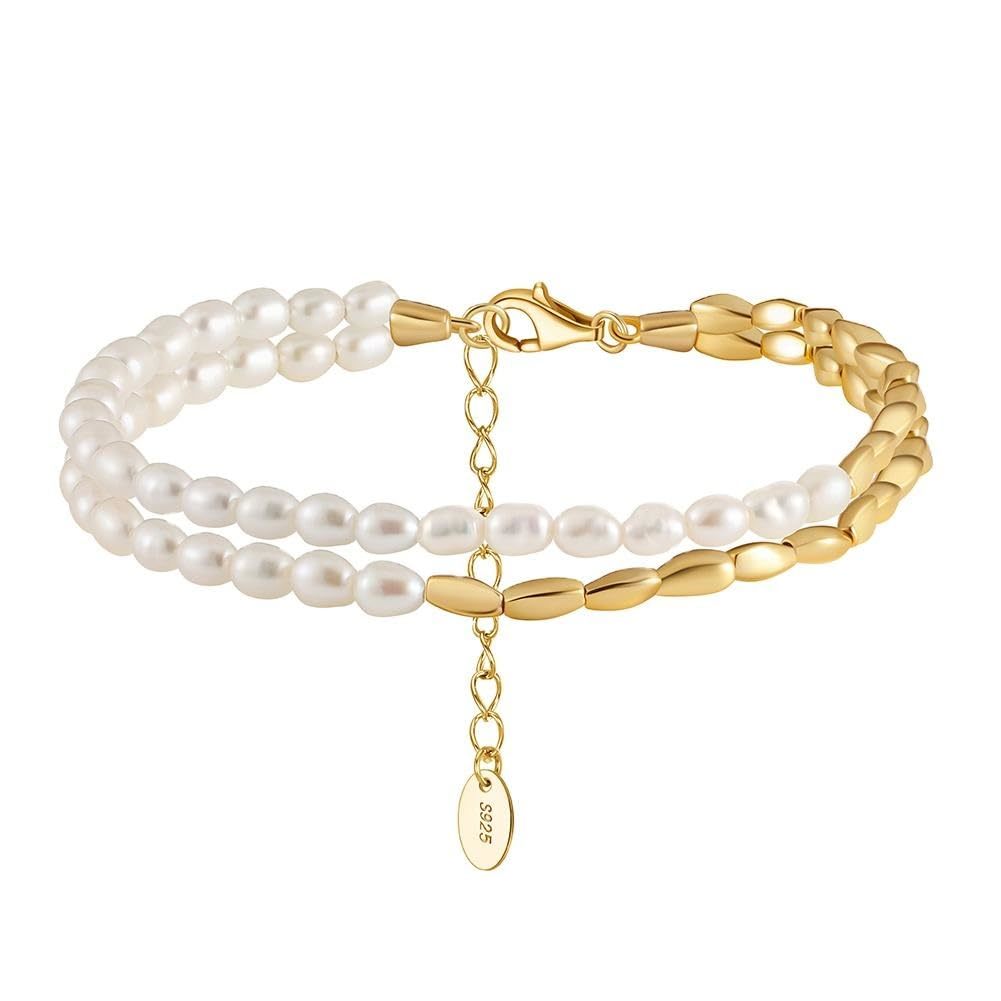 Primary image for Double Chain Freshwater Pearl Gold-Plated Bracelet: Fashionable 925 Sterling Sil