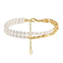 Double Chain Freshwater Pearl Gold-Plated Bracelet: Fashionable 925 Sterling Sil - £39.16 GBP