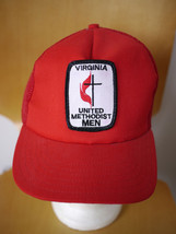 Vtg 70s &quot;Virginia United Methodist Men&quot; Patch Hipster Red Trucker Hat Adjustable - £15.52 GBP