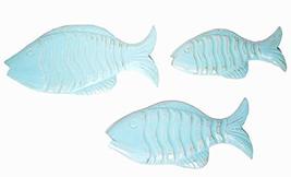 Beautiful Unique Set Of 3 Teal Aqua Wooden Fish Hanging Wall Art Hand Carved Sta - $29.64