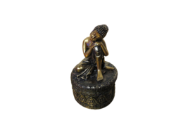  Vtg 1970sResin Gold Color Pill Trinket Box Thailand Woman Figurine On Top 4.5&quot;T - £8.69 GBP
