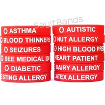 2 Red Medical Alert Wristbands - Two Debossed Med Condition Alert Band Bracelets - £6.63 GBP