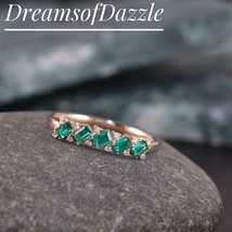 Baguette Cut Emerald Wedding Band For Women, Moissanite Half Eternity Yellow Gol - $56.00