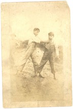 Circa 1880&#39;S Cabinet Card Two Boys In Humorous Funny Image Choking Each Other - £21.93 GBP