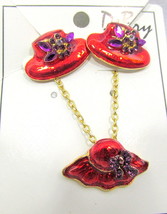 DeBry Red Hat Necklace Earring Set Gold Tone Rhinestones Enamel Purple     #302X - £13.23 GBP