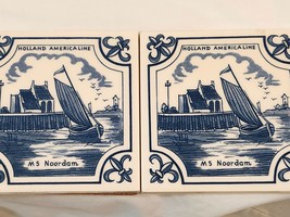 2- Vintage Holland American Cruise Line Ship MS Noordam Tile Coasters Delft Blue - £14.07 GBP