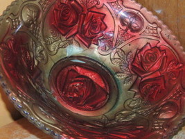 Antique 9&quot; Goofus Glass Bowl Double Rose pattern Gold Red relief embosse... - $10.79