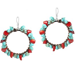 Copper Wire Reconstructed Red Coral And Simulated Turquoise .925 Sterling Hoop - £29.98 GBP