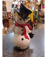 Byron Mold Ceramic Snowman Candy Cane Figurine Hand Painted 11” VTG - $40.72 CAD