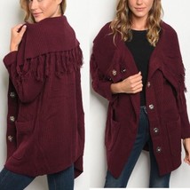 Burgundy Knit Winter Cardigan Sweater Large Snap Closures Fringe Sz Small - £21.84 GBP