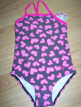 Size XS 4-5 OP Ocean Pacific Swimsuit Bathing Swim Suit Black Pink Hearts Dots  - £11.12 GBP
