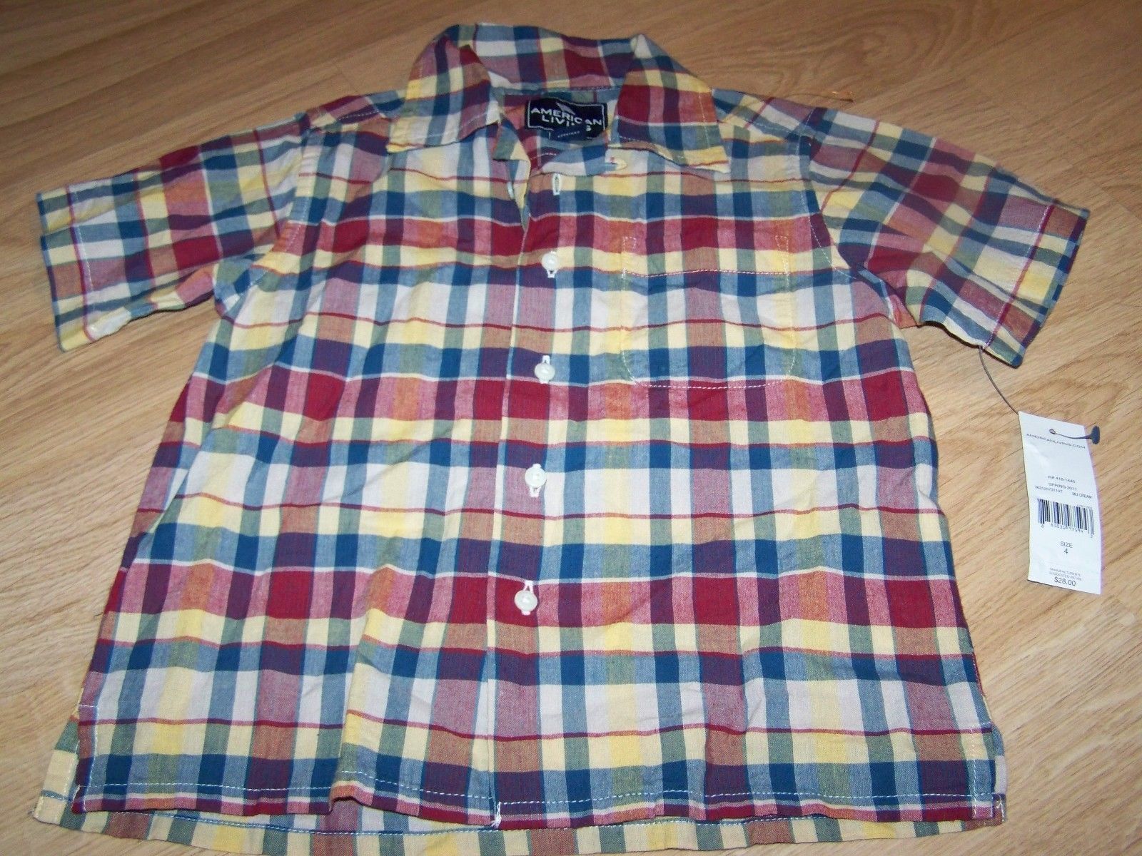 Boys Size 4 American Living Plaid Checked Button Up Shirt Top Red Blue Yellow  - $15.00