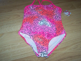 Size XS 4-5 OP Ocean Pacific Swimsuit Bathing Swim Suit Pink Animal Print Hearts - £11.01 GBP