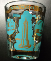New York City Shot Glass Clear Glass with Blue Gold Illustrations Coliseum UN - £6.38 GBP