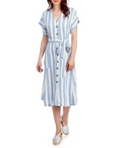 New Nina Leonard White Blue Belted Midi Cotton Linen Shirt Dress Size L - £33.76 GBP