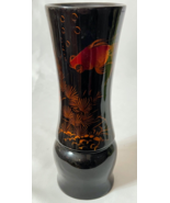 Vintage Japanese Black Lacquer Ware Vase Hand Painted Gold Fish and Plants - $27.38 CAD