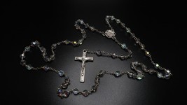 Vintage Iridescent Aurora Borealis Bead Pewter Rosary - £30.59 GBP