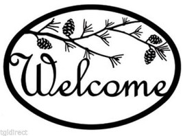 Wrought Iron Welcome Sign Pinecone Silhouette Plaque Outdoor Decor Pine Tree - $45.46