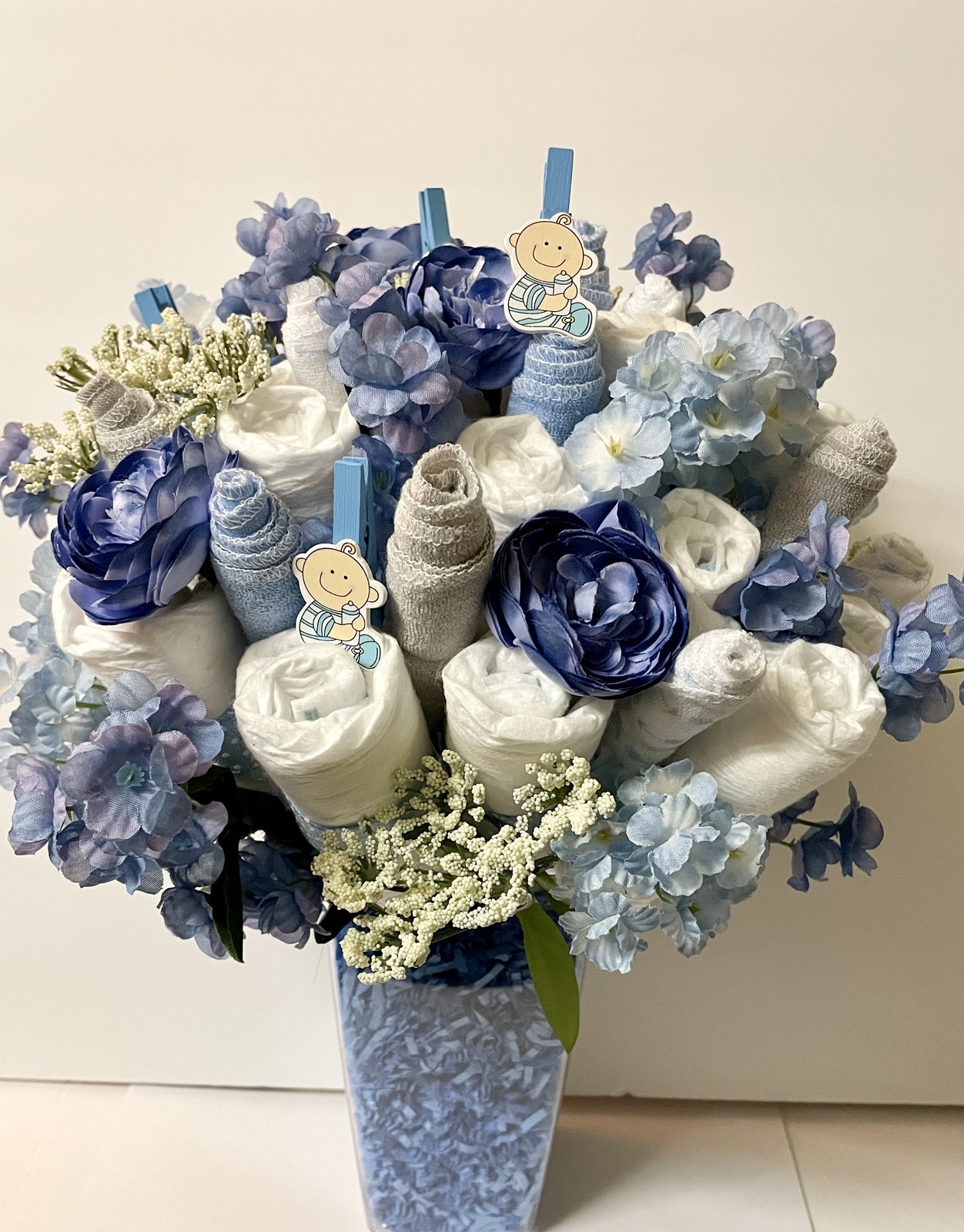 Diaper Floral Bouquet Blue and Grey Baby Boy Shower Centerpiece New Mom Gift