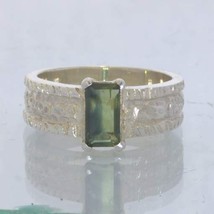 Green Sapphire Rectangle Handmade 925 Silver Ring size 8.5 Texture Design 161 - £68.65 GBP