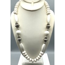 Vintage White Lucite Beaded Necklace with Silver Tone Spacers for a Classic Neut - £24.18 GBP