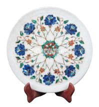 12&quot; Marble Round Plate Real Lapis Stone Mosaic Work Inlay Christmas Gifts Decor - £341.59 GBP