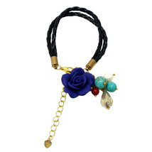 Amazing Blue Rose &amp; Stone Beads w/ Pearls on Braided Leatherette Bracelet - £7.11 GBP