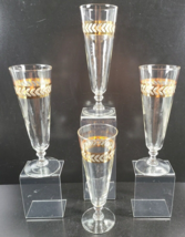 4 Gold Band Laurel Leaf Pilsner Glasses Set Vintage Clear Etch Bar Ware ... - $46.40