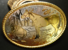 Horses in a Forest Scene Belt Buckle Gold and Silver Color Metal Rope Bo... - $7.99