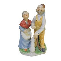 Bisque Ceramic Vintage 7.25” Older Man And Woman Dog Wooden Cane Figurine - £10.29 GBP