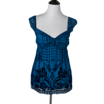 Hale Bob Velvet Burnout Blouse Beaded Silk Blend Floral Blue Top Women&#39;s Size XS - £30.95 GBP
