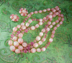 PINK Lisner Necklace UNUSUAL stripe beads with matching cluster clip on earrings - £43.24 GBP