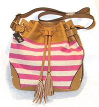 Apt. 9 Simone Pink Beige Stripe Drawstring Bucket Textile Bag Faux Leather - £25.94 GBP