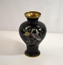 Black Lacquer Inlaid Mother-of-Pearl Korean Bottle Vase Cranes Peacock F... - $29.02