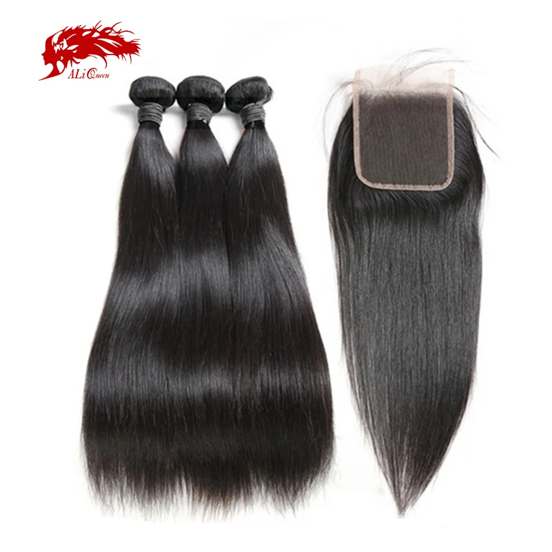 Ali Queen Hair Peruvian Straight Human Hair Bundles With 4x4/5x5 HD lace Closure - £132.35 GBP+