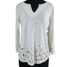 White with Gold Sequins Long Sleeve Top Size Medium - £19.57 GBP