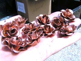 TEN metal rose flowers for accents, embellishments, crafting, shiny copper color - £21.87 GBP