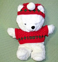 1987 Christmas Teddy 20&quot; Vintage White Bear Plush Stuffed Red Knit Hat Korea Toy - £24.91 GBP