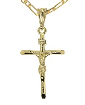 14k Gold Plated Crucifix Pendant 20&quot; Figaro Chain Men Women Necklace - $9.47