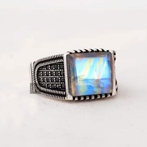 Square Faceted Moonstone Ring Men Solid 925 Silver Men Ring Father&#39;s Day Gifts - £57.99 GBP